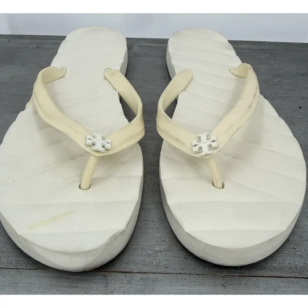 Tory Burch Logo Wedge Flip Flop Sandals Ivory Size 8 Summer Beach Vacation